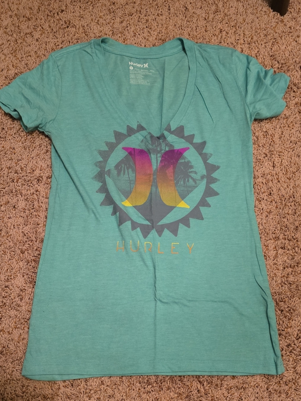 Hurley Teal Short Sleeve V-Neck Tee with Sunset Logo